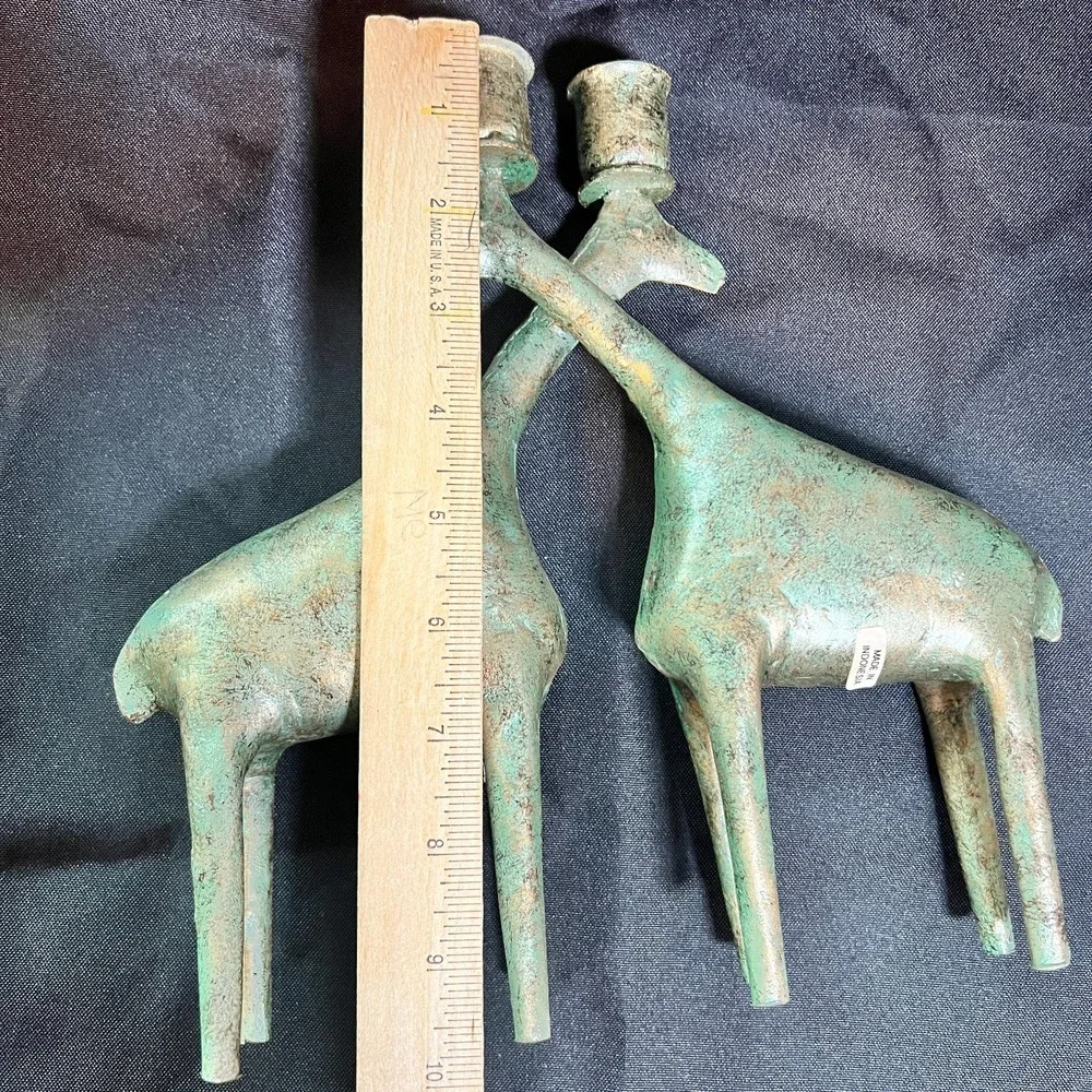 Vintage Verdigris‎ Metal Giraffe Candleholders Pair Indonesia Mid Century Modern